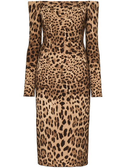 Dolce &amp; Gabbana Leopard Print Wool Midi Dress Brown