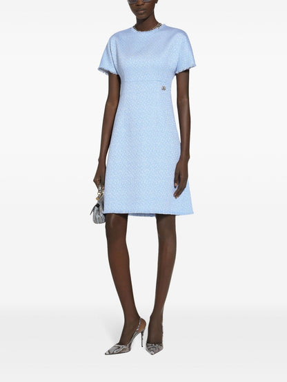 Dolce &amp; Gabbana Bouclé A-Line Tweed Mini Dress with Logo Appliqué Clear Blue