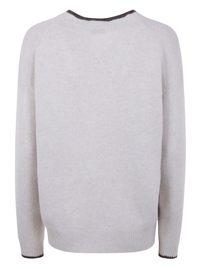 Brunello Cucinelli Cashmere V-Neck Fine Knit Sweater Ivory