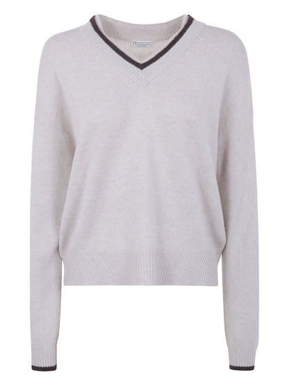 Brunello Cucinelli Cashmere V-Neck Fine Knit Sweater Ivory