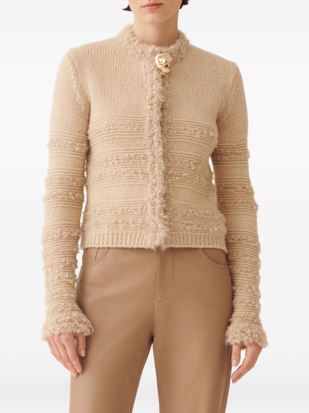 Fabiana Filippi Textured Knit Wool Jacket with Decorative Button Detailing Beige