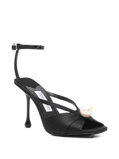 Jimmy Choo 100mm Siva Satin Sandals with Pearl Embellishment Black