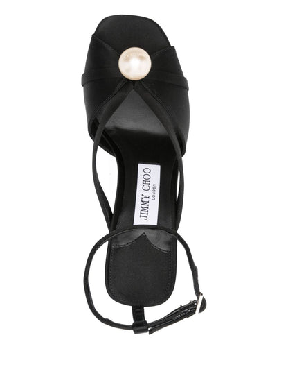 Jimmy Choo 100mm Siva Satin Sandals with Pearl Embellishment Black