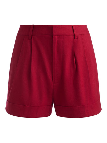 Alice + Olivia Pleated Linen-Blend High-Waisted Shorts Red