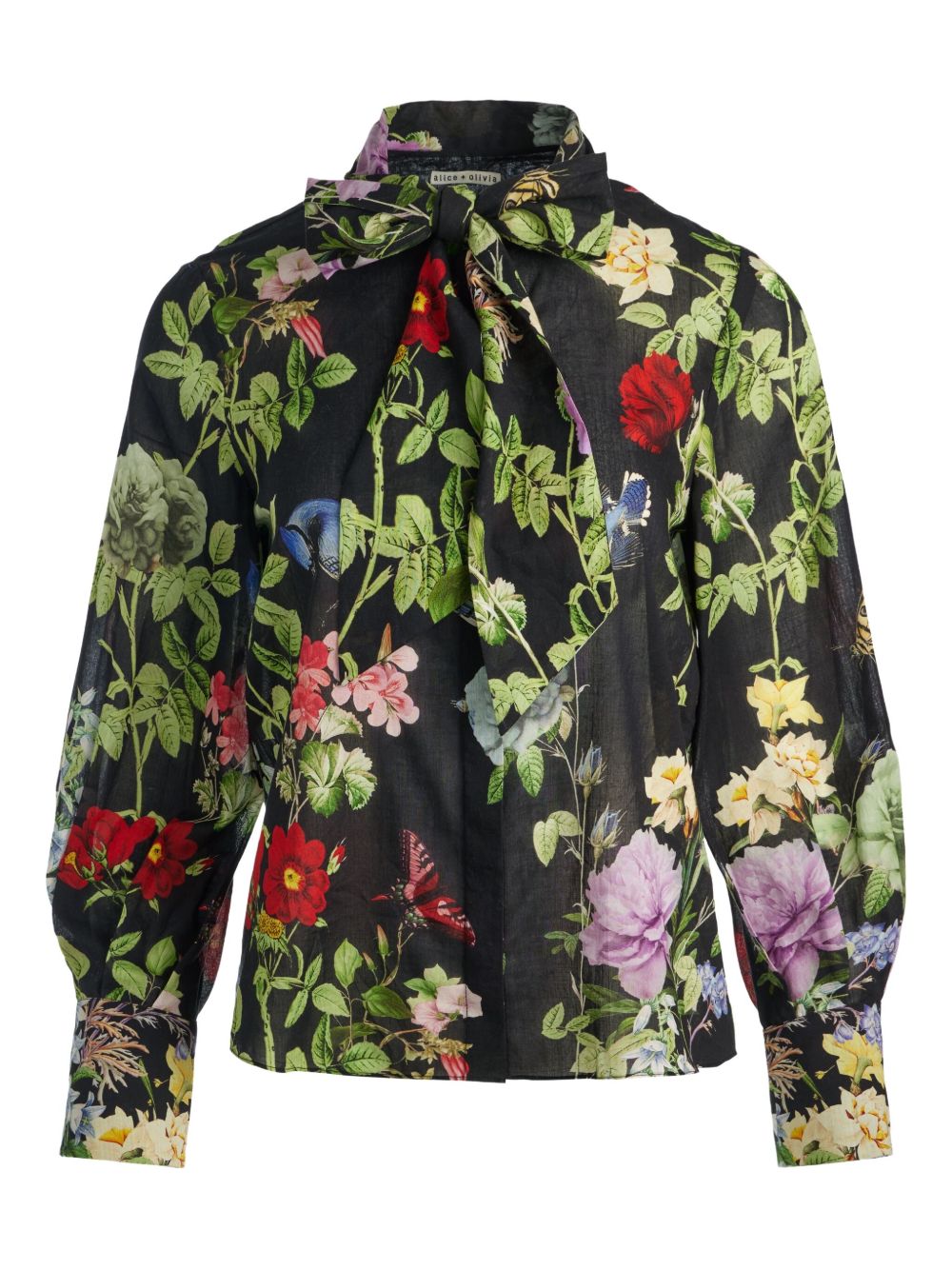 Alice + Olivia Floral-Print Cotton Pussy-Bow Blouse Black Black