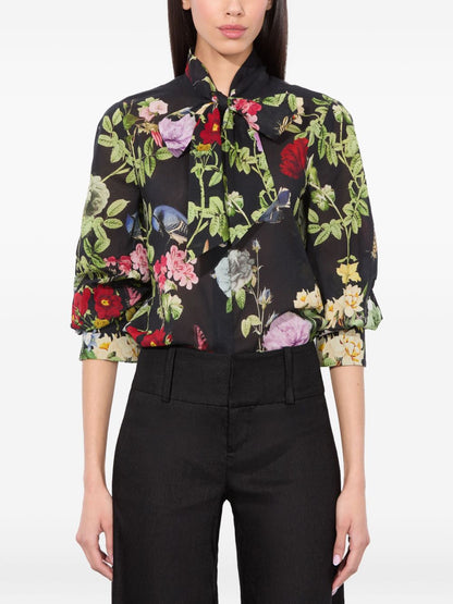 Alice + Olivia Floral-Print Cotton Pussy-Bow Blouse Black Black