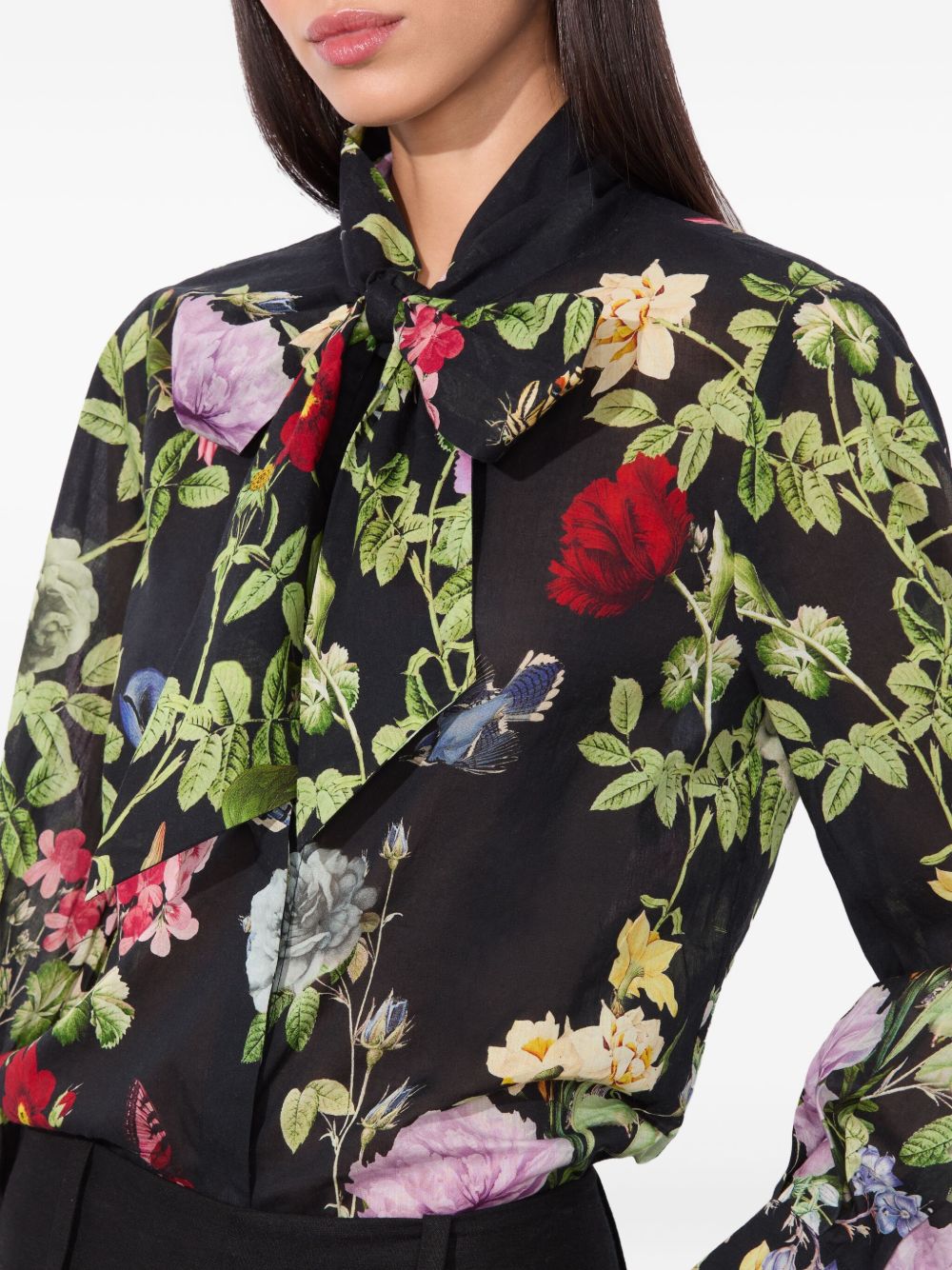 Alice + Olivia Floral-Print Cotton Pussy-Bow Blouse Black Black