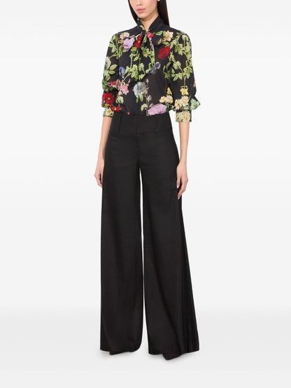 Alice + Olivia Floral-Print Cotton Pussy-Bow Blouse Black Black