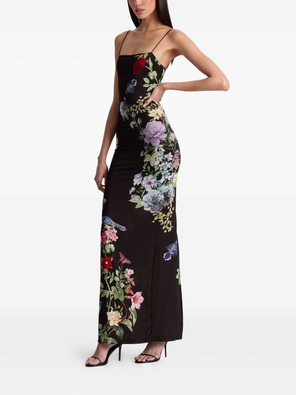 Alice + Olivia Floral-Print Spaghetti-Strap Sleeveless Dress Black