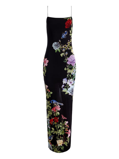 Alice + Olivia Floral-Print Spaghetti-Strap Sleeveless Dress Black