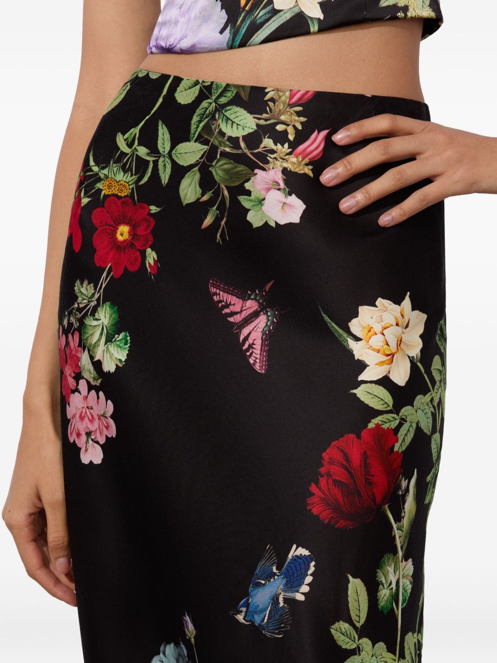 Alice + Olivia Floral-Print Bias-Cut Terese Long Slip Skirt Black black