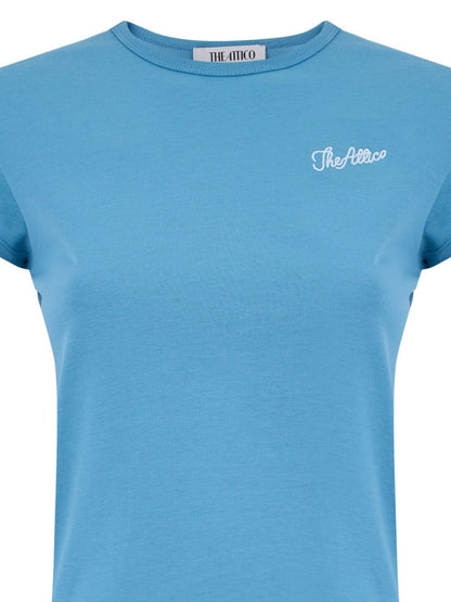 The Attico Embroidered Jersey Cotton T-Shirt Clear Blue