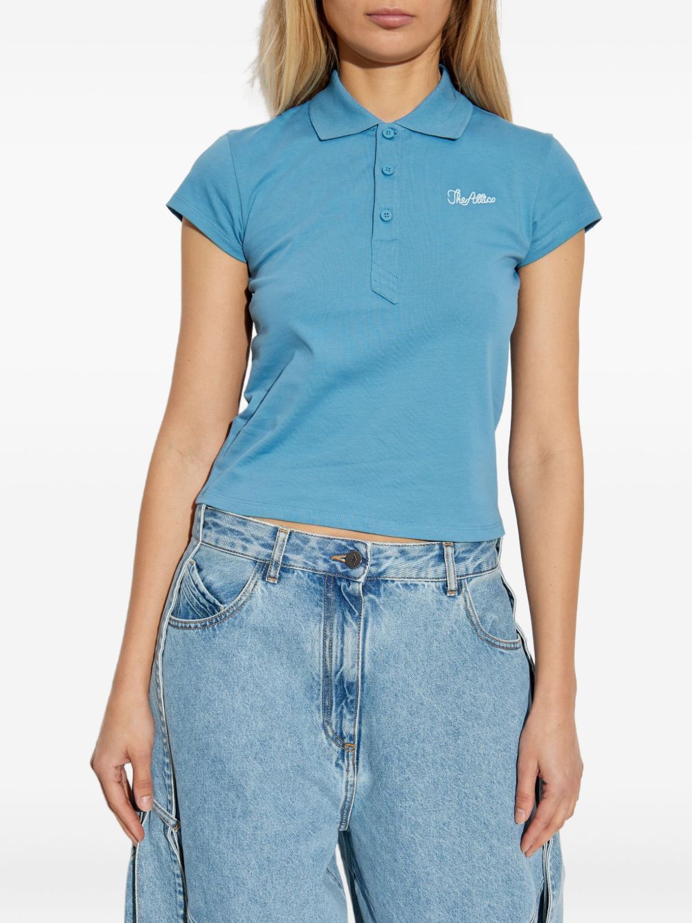 The Attico Light Blue Cotton Jersey Polo Shirt with Embroidered Logo Clear Blue