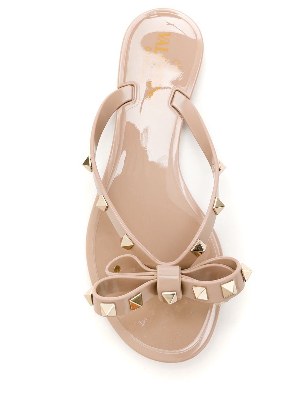 Valentino Garavani Rockstud Rubber Flip Flops in Powder Pink with Bow and Studs Powder