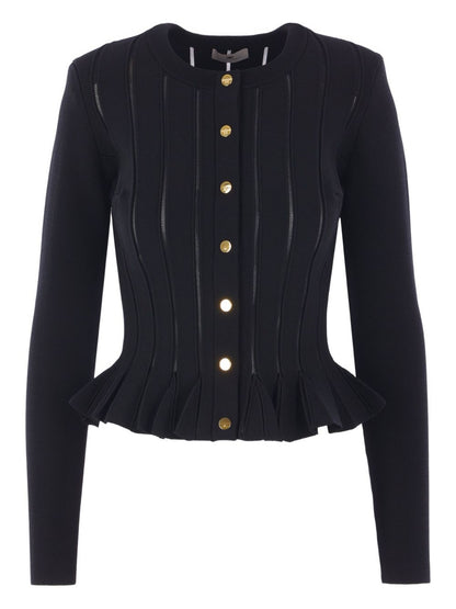 Elisabetta Franchi Ribbed-Knit Peplum Cardigan with Gold Buttons Black Black