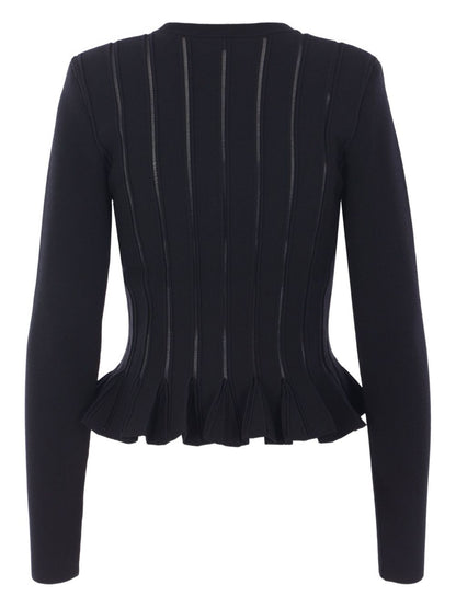 Elisabetta Franchi Ribbed-Knit Peplum Cardigan with Gold Buttons Black Black