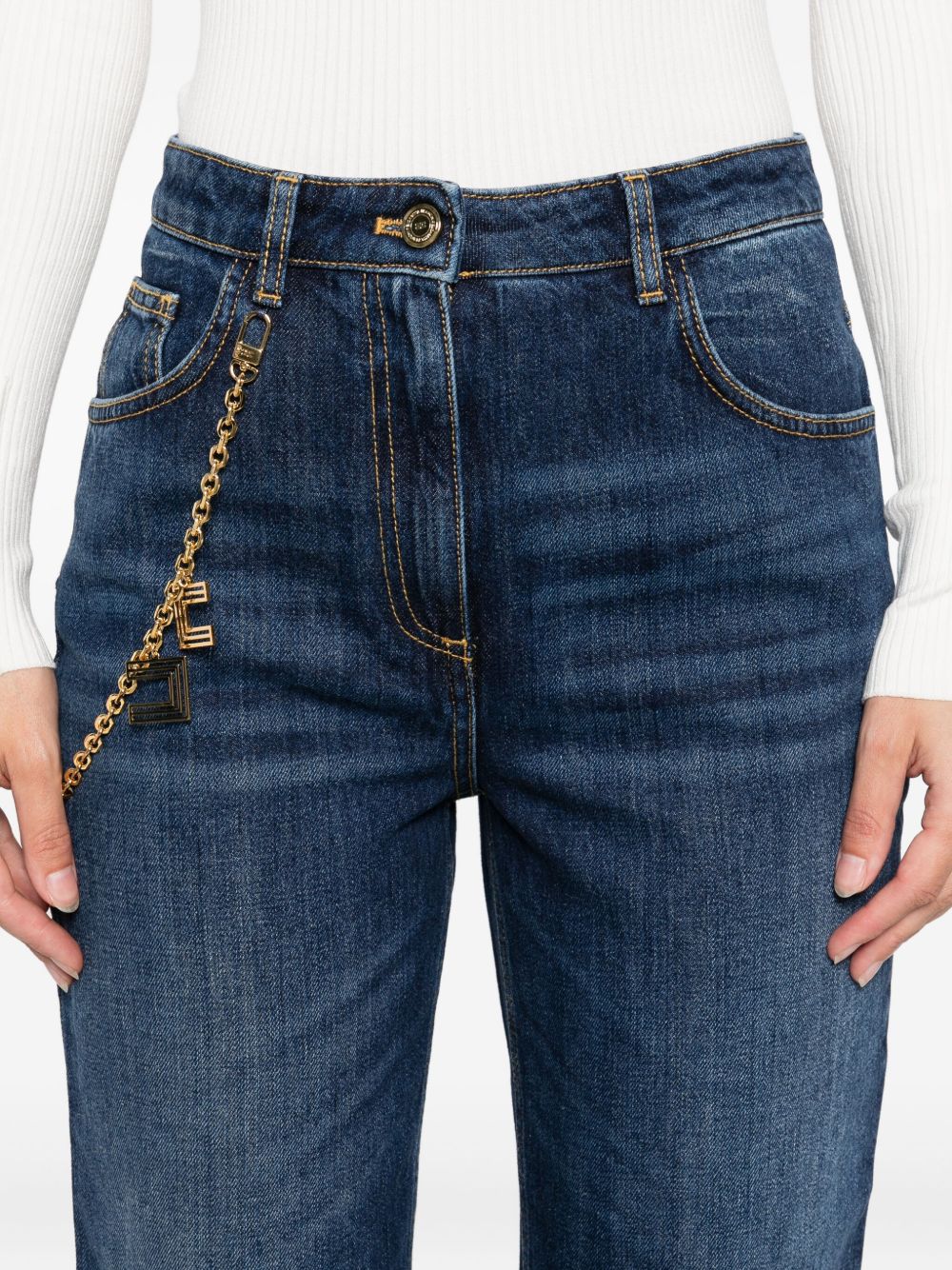 Elisabetta Franchi High-Waisted Tapered Cropped Jeans with Gold Chain Blue