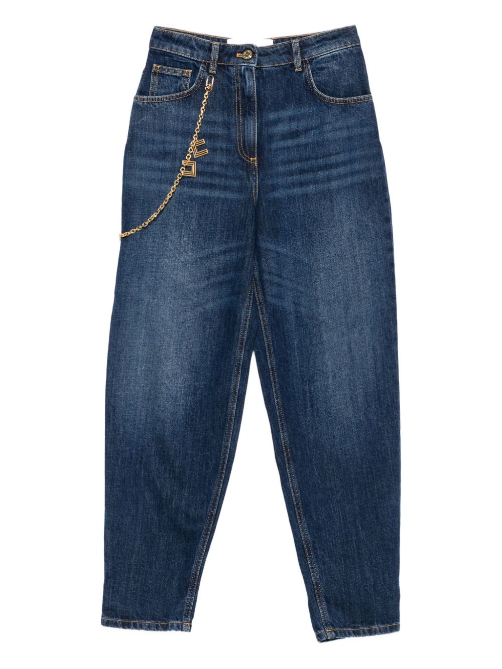 Elisabetta Franchi High-Waisted Tapered Cropped Jeans with Gold Chain Blue