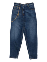 Elisabetta Franchi High-Waisted Tapered Cropped Jeans with Gold Chain Blue