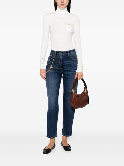 Elisabetta Franchi High-Waisted Tapered Cropped Jeans with Gold Chain Blue