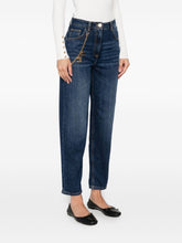 Elisabetta Franchi High-Waisted Tapered Cropped Jeans with Gold Chain Blue