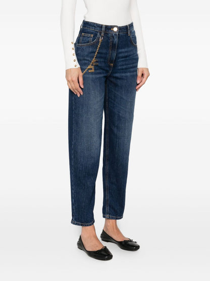 Elisabetta Franchi High-Waisted Tapered Cropped Jeans with Gold Chain Blue