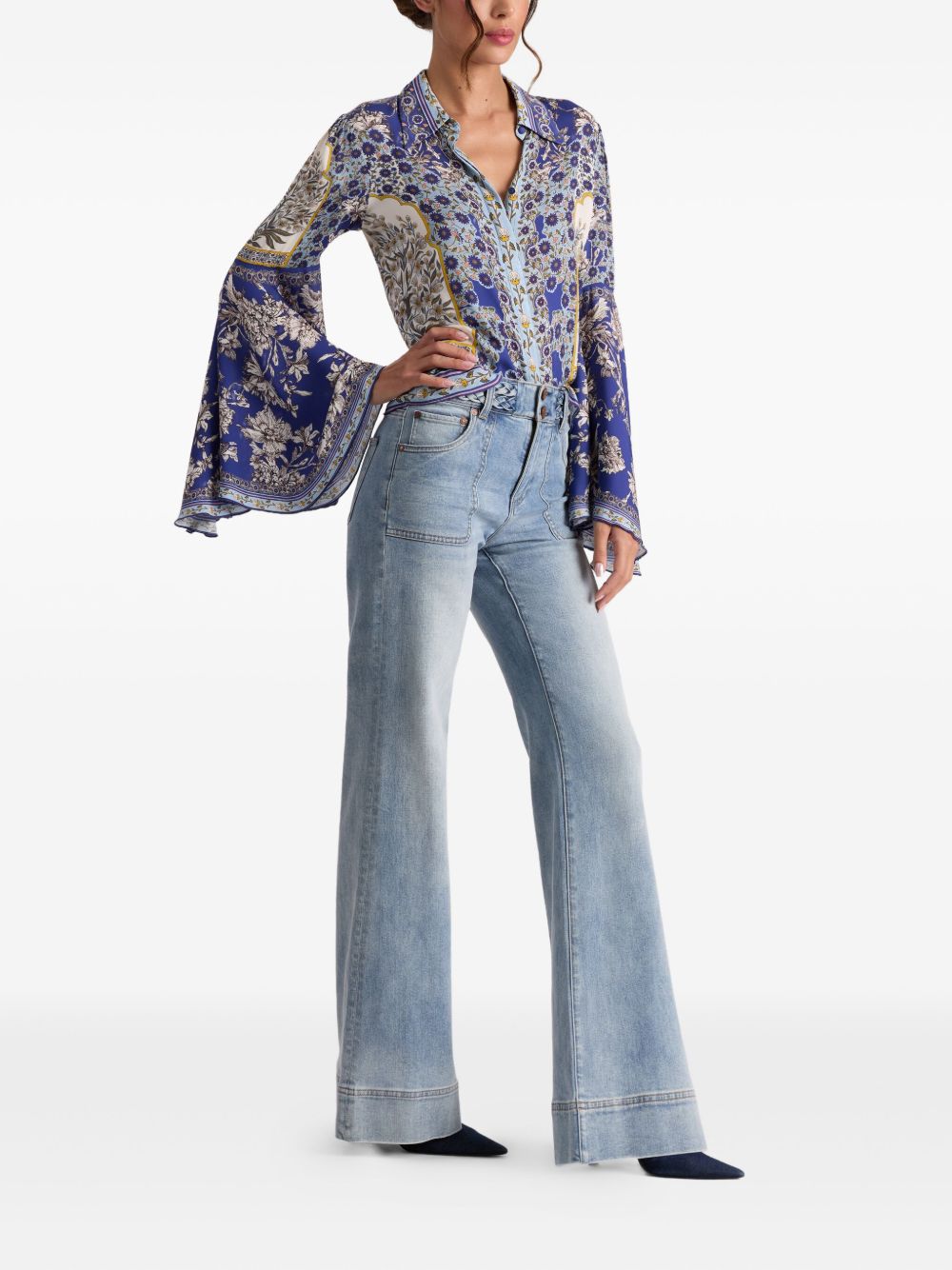 Alice + Olivia Floral-Print Bell Sleeve Shirt Purple