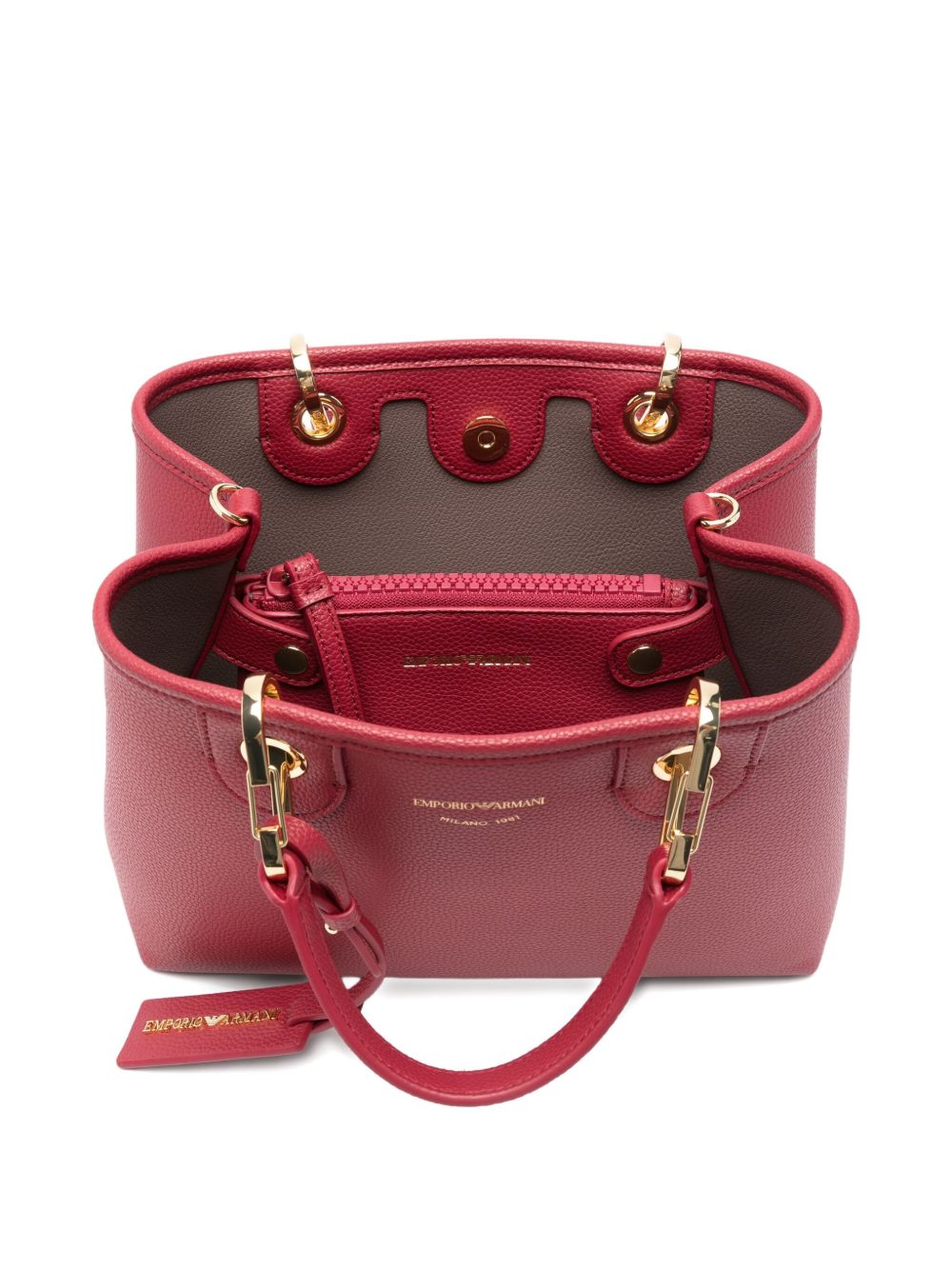 Emporio Armani Small MyEA Shopper Bag in Bordeaux Pebbled Leather with Gold-Tone Hardware Bordeaux