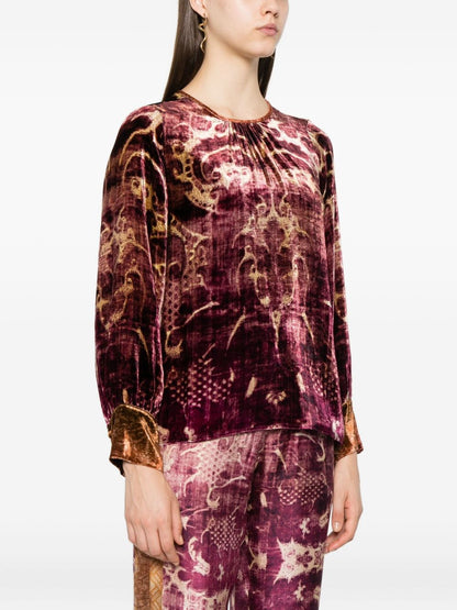 Pierre Louis Mascia Red Velvet Silk Blend Keyhole Shirt Bordeaux