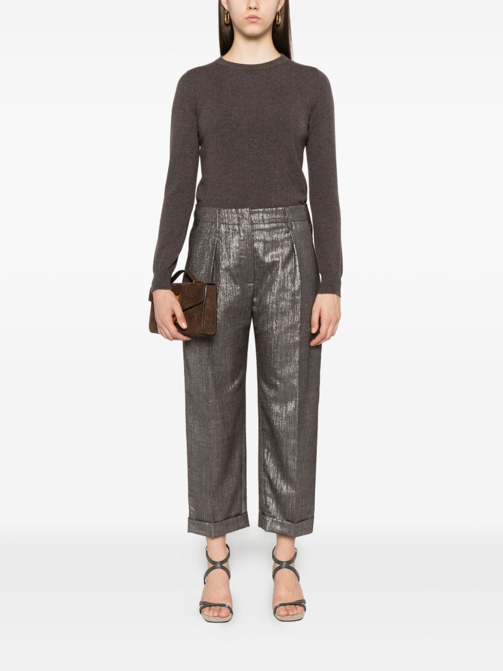 Brunello Cucinelli Pleated Metallic Wool-Blend Trousers Silver