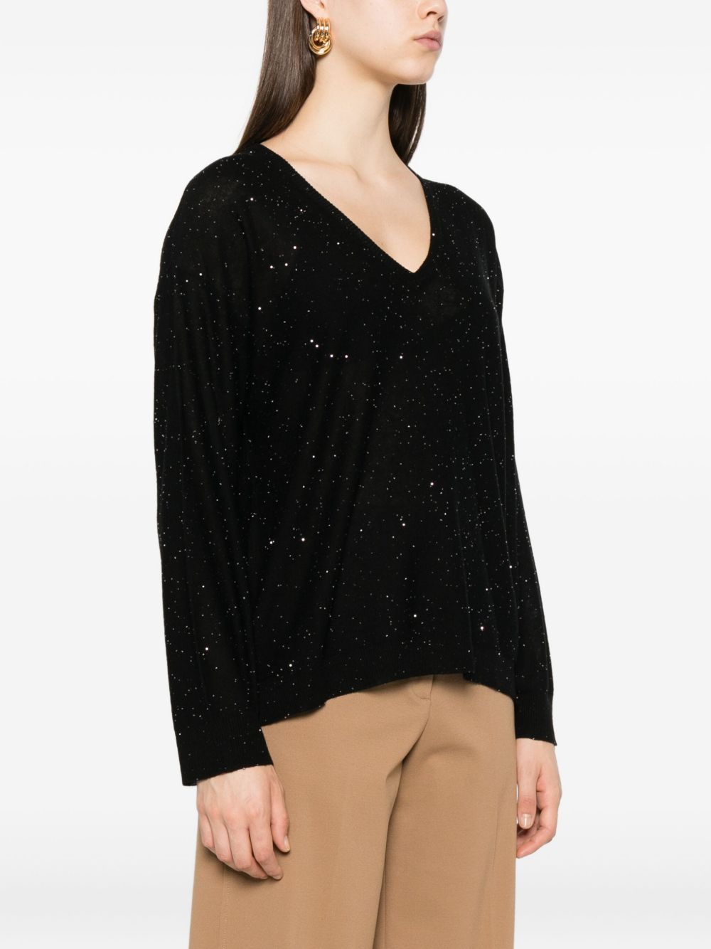 Fabiana Filippi V-Neck Fine Knit Glitter Wool Sweater Black