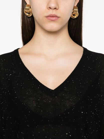 Fabiana Filippi V-Neck Fine Knit Glitter Wool Sweater Black