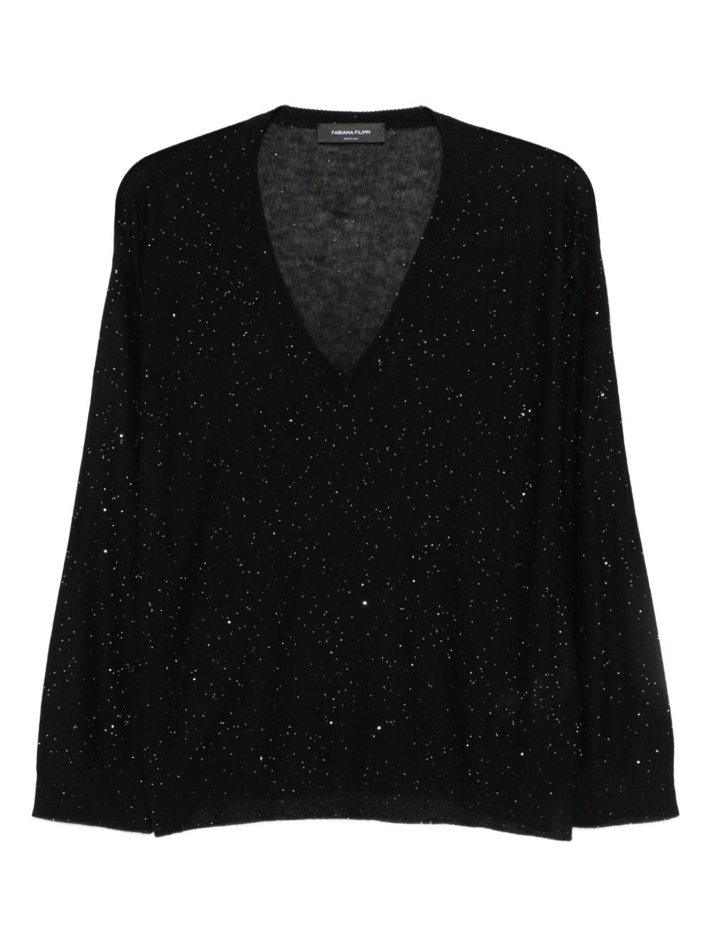 Fabiana Filippi V-Neck Fine Knit Glitter Wool Sweater Black