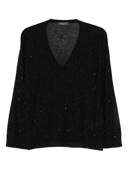 Fabiana Filippi V-Neck Fine Knit Glitter Wool Sweater Black