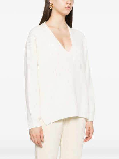 Fabiana Filippi V-Neck Ribbed Wool Sweater Beige