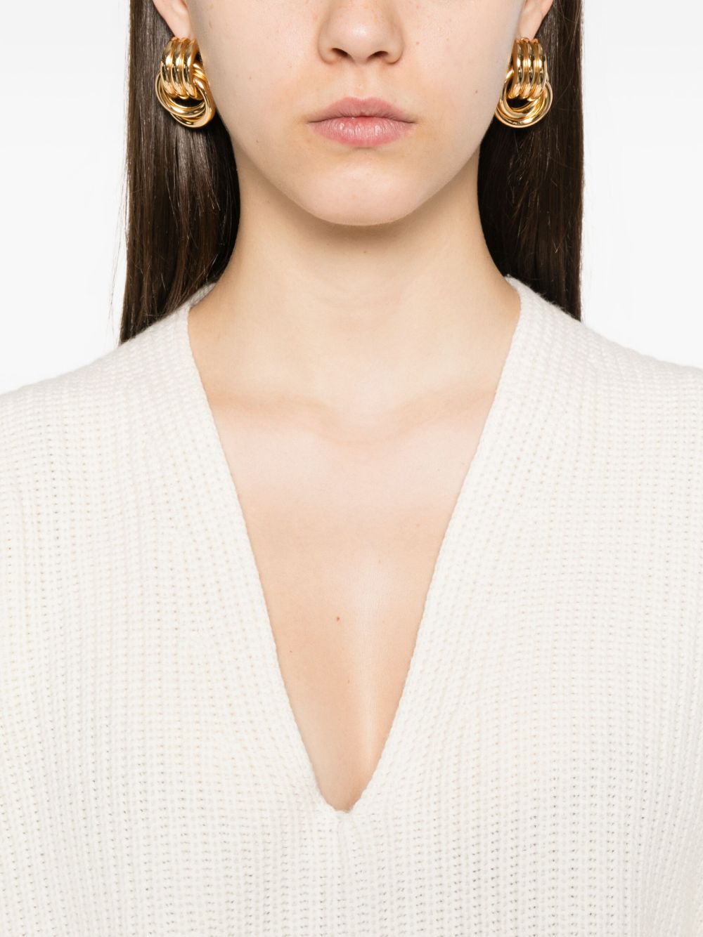 Fabiana Filippi V-Neck Ribbed Wool Sweater Beige