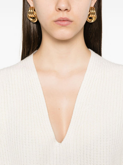 Fabiana Filippi V-Neck Ribbed Wool Sweater Beige