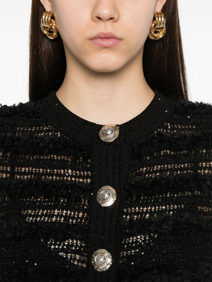 Balmain Sequin-Embellished Cropped Tweed Cardigan Black