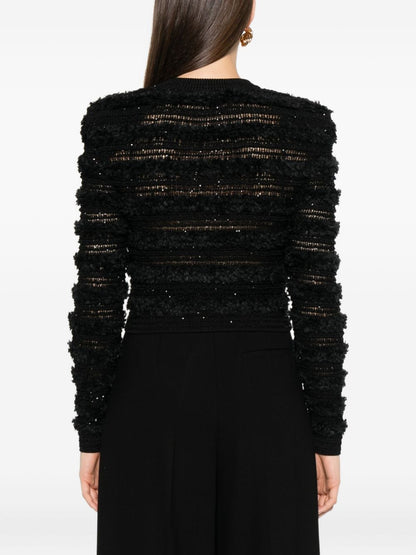 Balmain Sequin-Embellished Cropped Tweed Cardigan Black