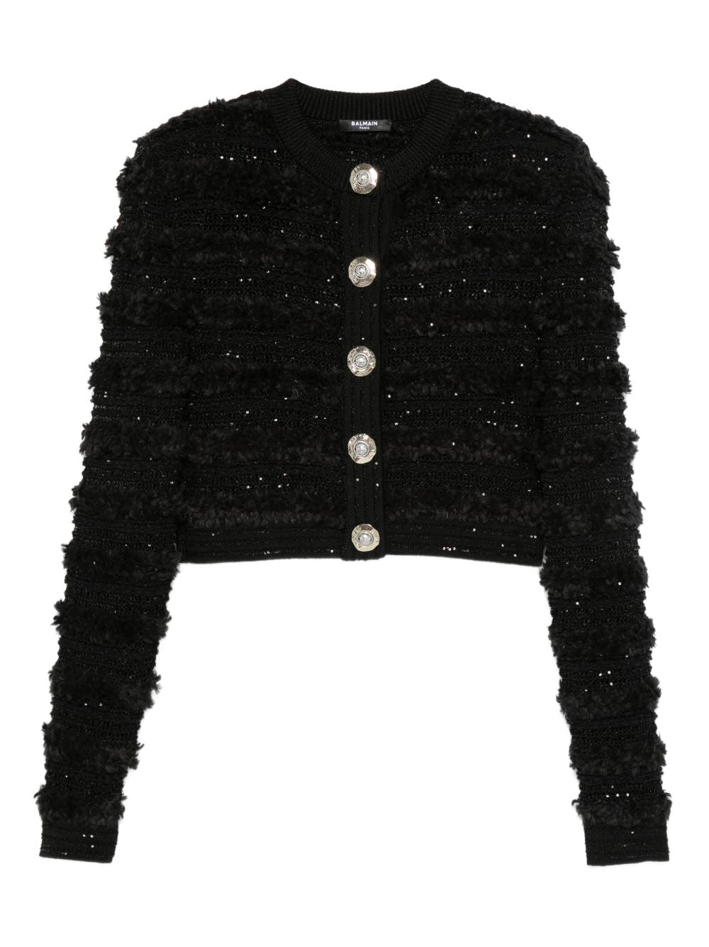 Balmain Sequin-Embellished Cropped Tweed Cardigan Black
