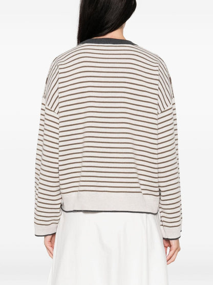 Brunello Cucinelli Ivory Wool and Cashmere Striped Crewneck Sweater Ivory