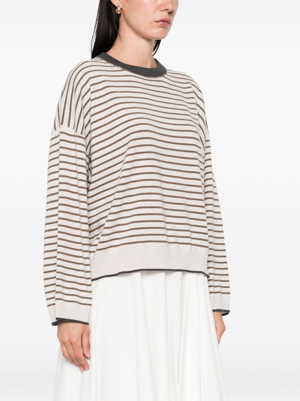 Brunello Cucinelli Ivory Wool and Cashmere Striped Crewneck Sweater Ivory