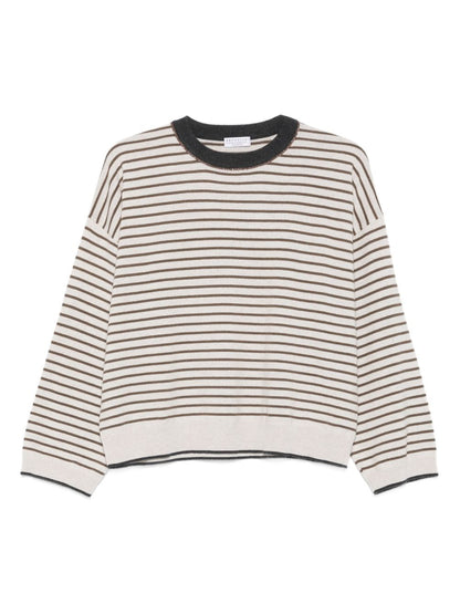Brunello Cucinelli Ivory Wool and Cashmere Striped Crewneck Sweater Ivory