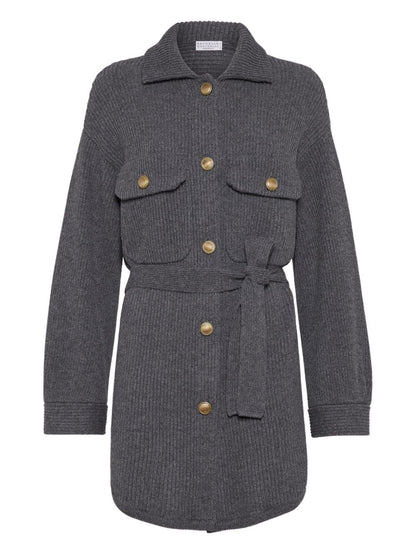 Brunello Cucinelli Ribbed-Knit Wool and Cashmere Belted Cardigan Grey