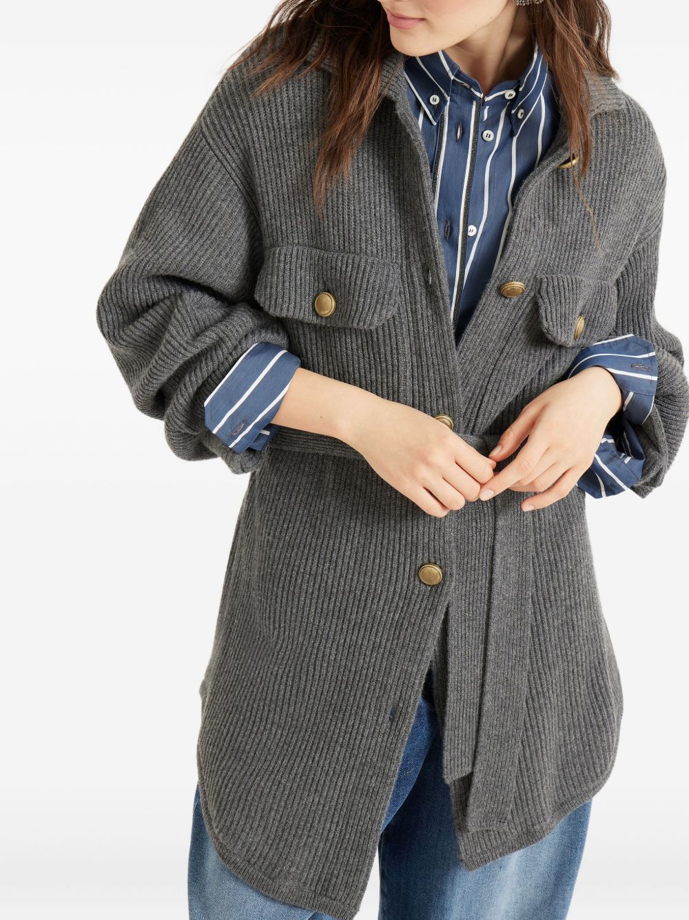 Brunello Cucinelli Ribbed-Knit Wool and Cashmere Belted Cardigan Grey