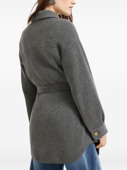 Brunello Cucinelli Ribbed-Knit Wool and Cashmere Belted Cardigan Grey