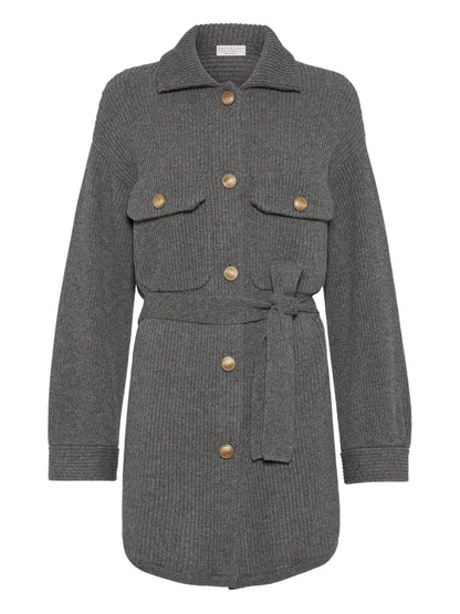Brunello Cucinelli Ribbed-Knit Wool and Cashmere Belted Cardigan Grey