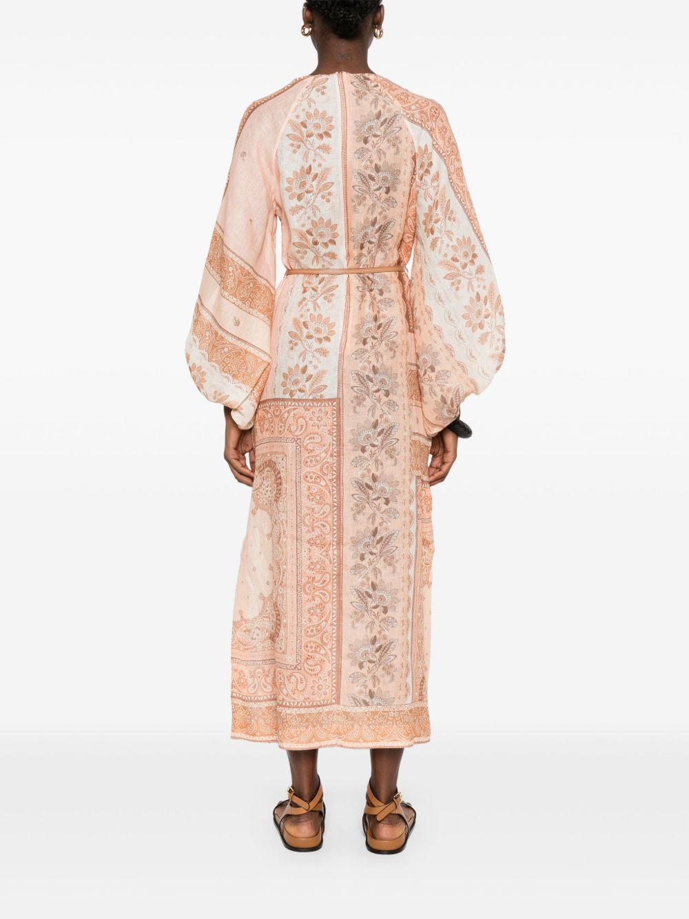 Zimmermann Salmon Pink Linen Belted Midi Dress MultiColour