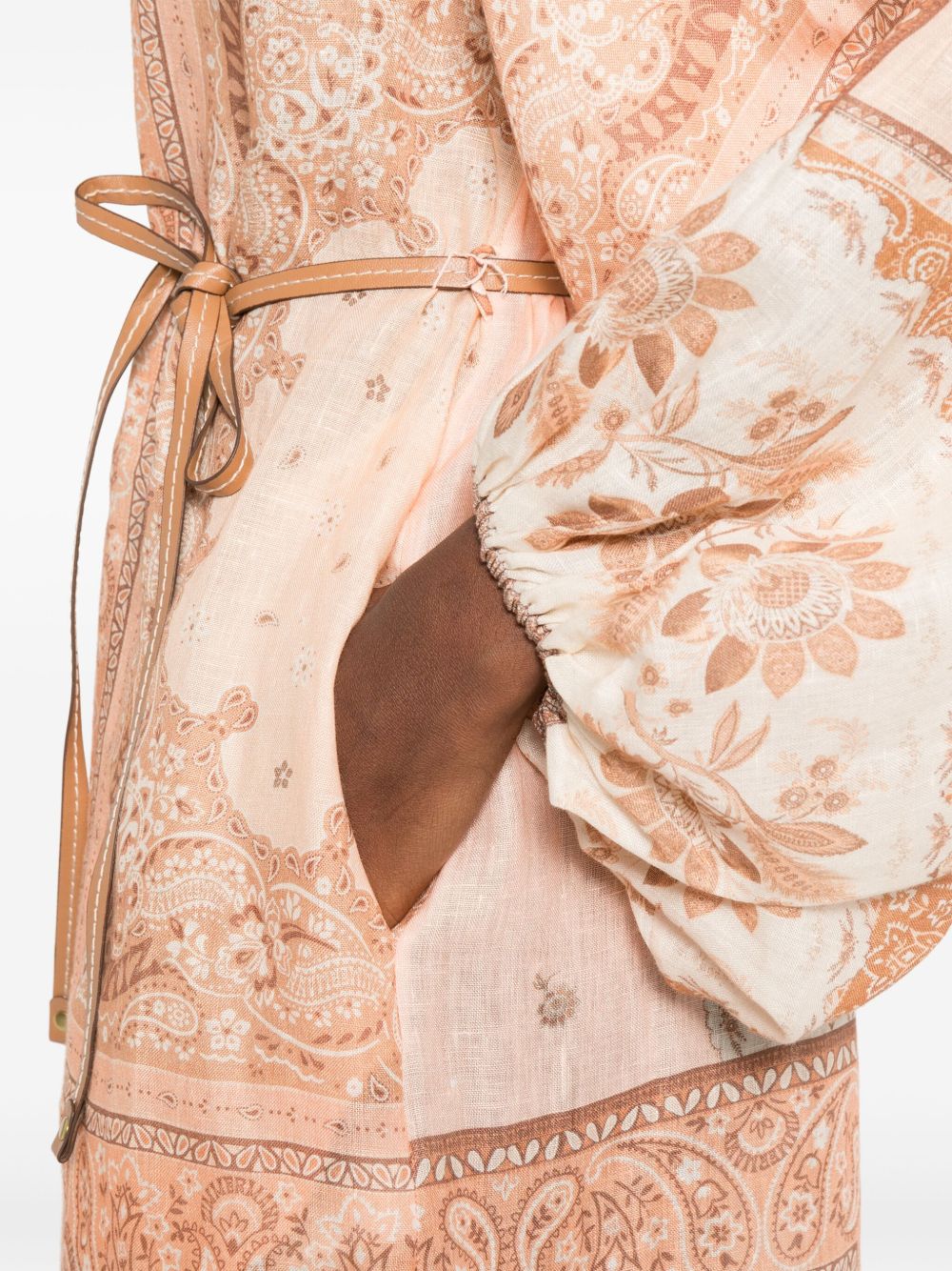 Zimmermann Salmon Pink Linen Belted Midi Dress MultiColour