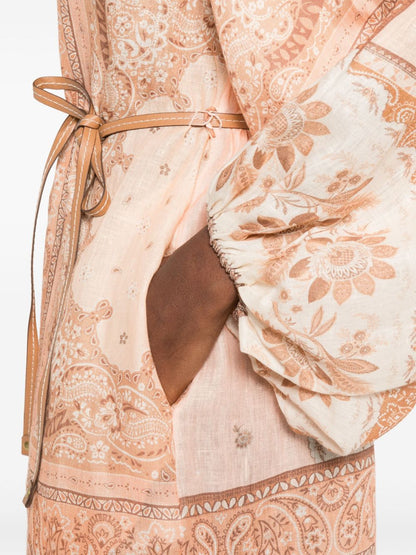 Zimmermann Salmon Pink Linen Belted Midi Dress MultiColour